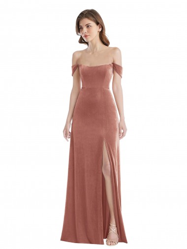 Best Off the Shoulder Flounce Sleeve Velvet Maxi Bridesmaid Dress / Prom Dress with Pockets