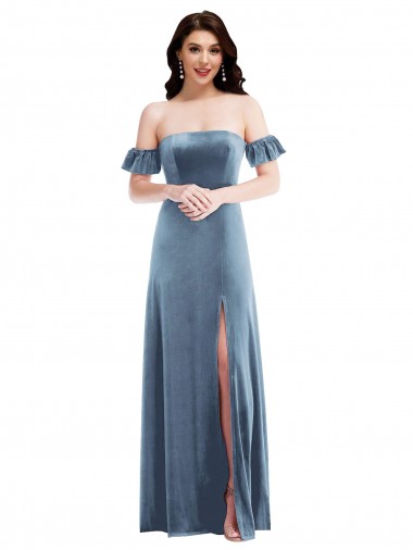 Best Ruffle Sleeve Off the Shoulder Velvet Maxi Bridesmaid Dress / Prom Dress