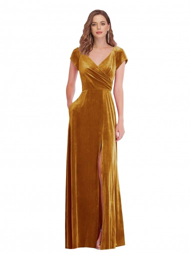 Best Cap Sleeve Faux Wrap Formal Velvet Maxi Bridesmaid Dress / Prom Dress with Pockets