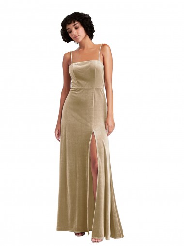 Best Square Neck Formal Velvet Maxi Bridesmaid Dress / Prom Dress with Front Slit & Pockets
