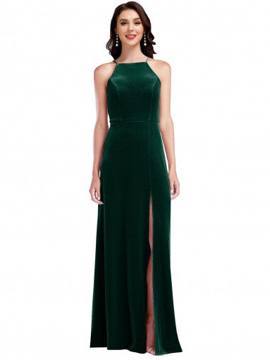 Best Velvet Halter Maxi Bridesmaid Dress / Prom Dress with Pockets & Front Slit