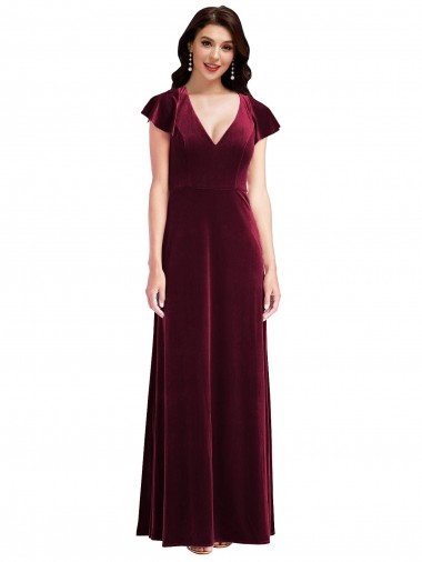 Best Flutter Sleeve Velvet Maxi Bridesmaid Dress / Prom Dress with Pockets