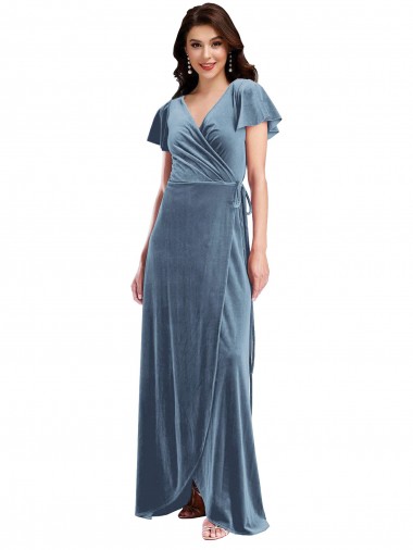 Best Flutter Sleeve Velvet Wrap Maxi Bridesmaid Dress / Prom Dress with Pockets