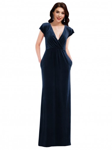 Best Flutter Sleeve Wrap Bodice Formal Velvet Maxi Bridesmaid Dress / Prom Dress with Pockets