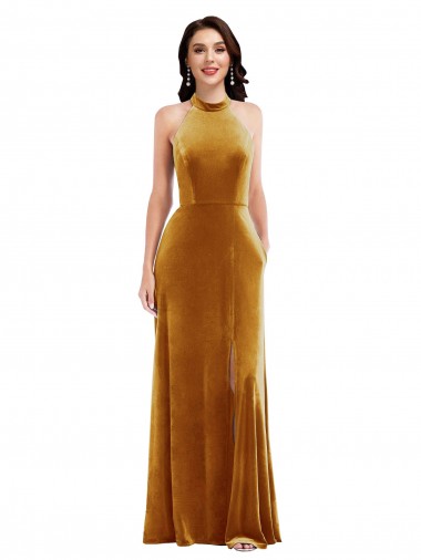 Best High-Neck Halter Velvet Maxi Bridesmaid Dress / Prom Dress with Front Slit