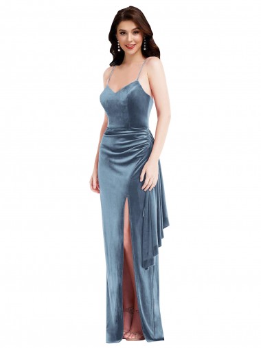 Best Spaghetti Strap Formal Velvet Maxi Bridesmaid Dress / Prom Dress with Draped Skirt