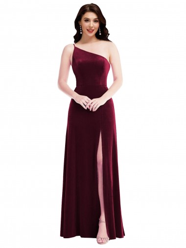 Best One Shoulder Spaghetti Strap Velvet Maxi Bridesmaid Dress / Prom Dress with Pockets