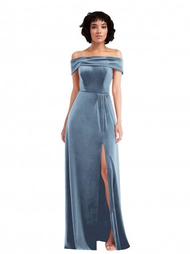 Best Draped Cuff Off the Shoulder Velvet Maxi Bridesmaid Dress / Prom Dress with Pockets