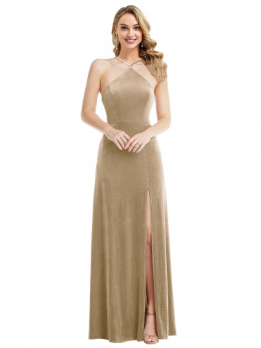 Best High Neck Halter Open Back Long Velvet Maxi Bridesmaid Dress / Prom Dress & Pockets