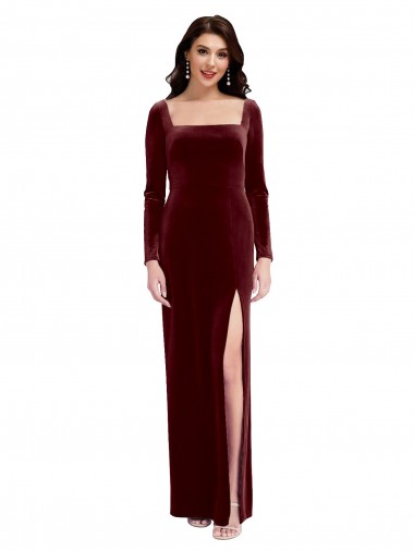 Best Sleek Square Neck Spaghetti Straps Velvet Bridesmaid Dress / Prom Dress with Side Slit