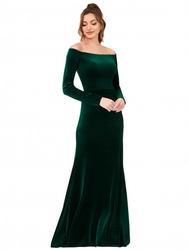 Best Off the Shoulder Long Sleeves Formal Stretch Velvet Bridesmaid Dress / Prom Dress