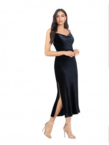 Best Midi Cocktail Length Formal Velvet Bridesmaid Dress / Prom Dress with Cowl Neck and Spaghetti Straps