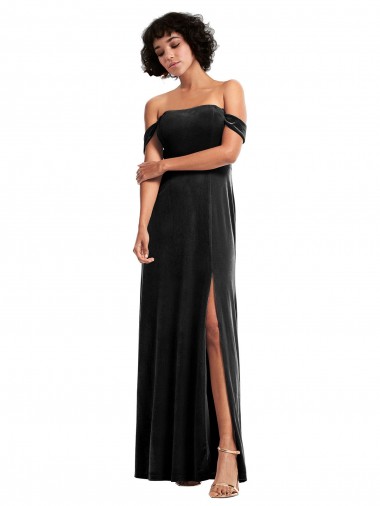 Best Off the Shoulder Drapped Sleeves Formal Stretch Velvet Bridesmaid Dress / Prom Dress