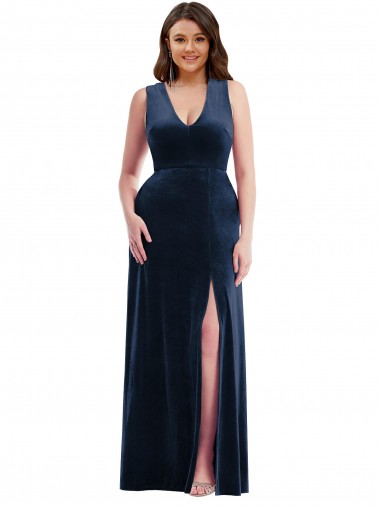 Best Deep V-Neck Sleeveless Formal Velvet Maxi Bridesmaid Dress / Prom Dress with Pockets