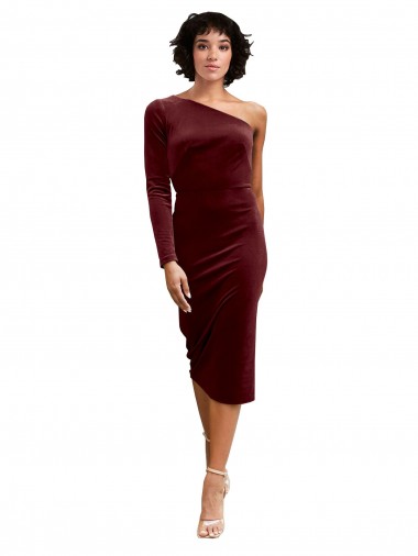 Best One Shoulder Fitted Short Midi Length Velvet Bridesmaid Dress / Prom Dress