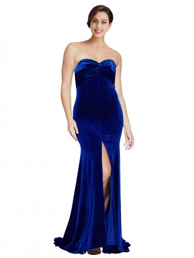Best Strapless Ruched Formal Velvet Bridesmaid Dress / Prom Dress with Sweep Train and Front Slit