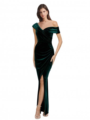 Best Long Asymmetric Neckline Ruched Formal Velvet Bridesmaid Dress / Prom Dress