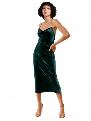 Best Midi Cocktail Length Sleek Cowl Neckline Short Formal Velvet Bridesmaid Dress / Prom Dress